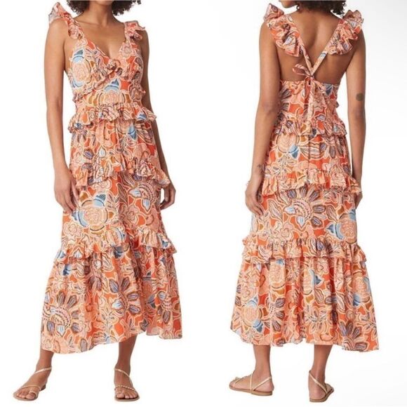 MISA Los Angeles NWT Morrison Tiered Ruffle Cotton Dress tangerine floral XL - Picture 1 of 14